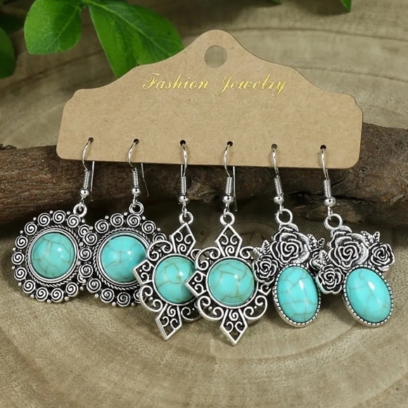 12 Pairs Turquoise Gemstone Boho Drop Earrings - Picture 6 of 7